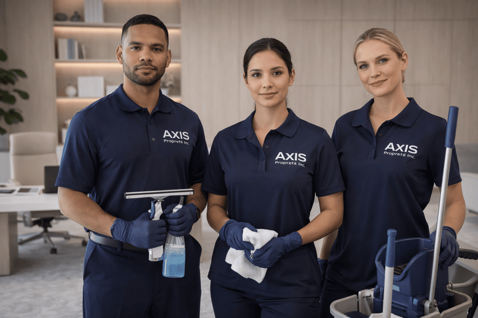 Équipe professionnelle de nettoyage commercial AXIS Propreté à Laval
